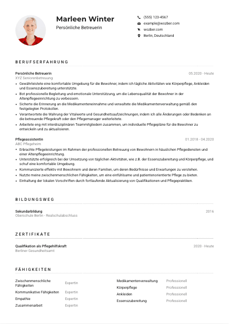 Lebenslauf-Muster für Persönliche*r Betreuer*in