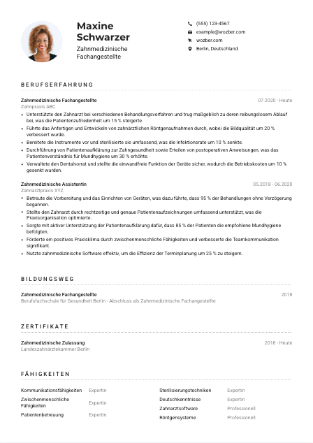 Lebenslauf-Muster für Zahnmedizinische*r Fachangestellte*r