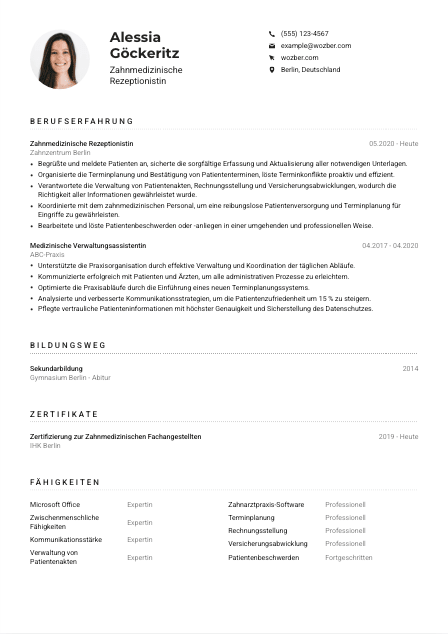 Lebenslauf-Muster für Zahnmedizinische*r Rezeptionist*in