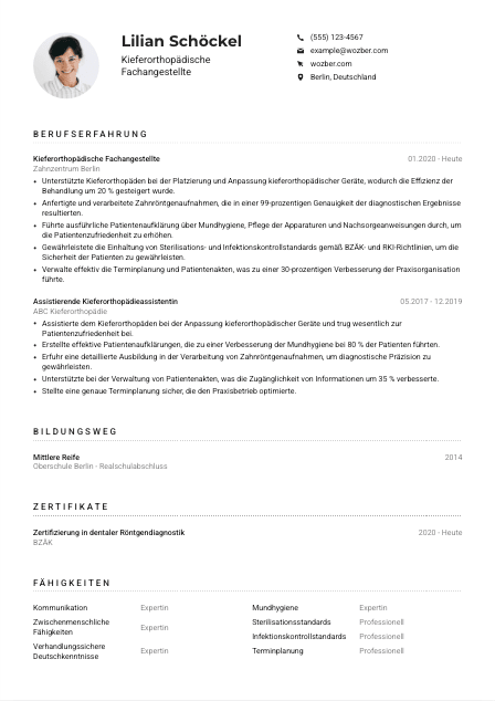 Lebenslauf-Muster für Kieferorthopädische*r Fachangestellte*r