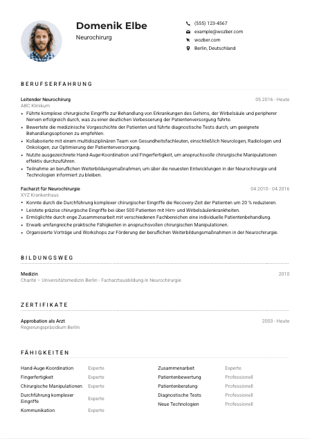 Lebenslauf-Muster für Neurochirurg*in