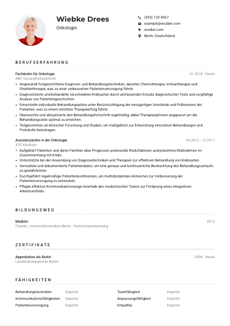 Lebenslauf-Muster für Onkolog*in