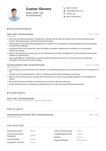 Lebenslauf-Muster für Mund-, Kiefer- und Gesichtschirurg*in