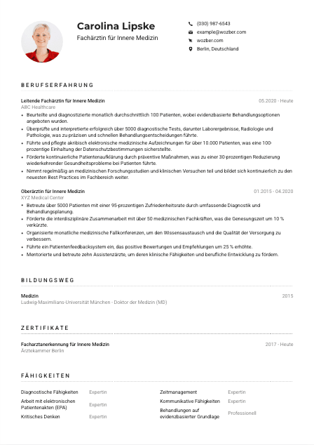 Lebenslauf-Muster für Fachärzt*in für Innere Medizin