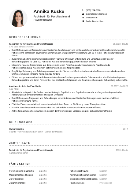 Lebenslauf-Muster für Facharzt*ärztin für Psychiatrie und Psychotherapie