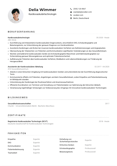 Lebenslauf-Muster für Kardiovaskulärtechnolog*in