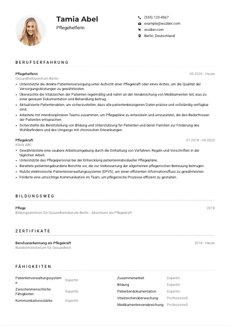 Lebenslauf-Muster für Pflegehelfer*in