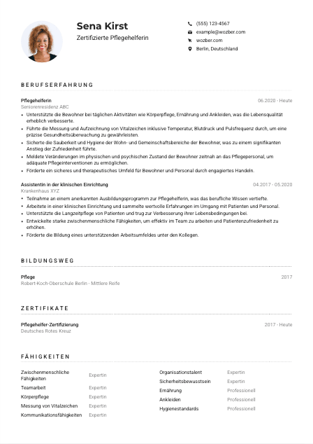 Lebenslauf-Muster für Zertifizierte*r Pflegehelfer*in