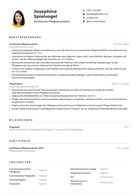 Lebenslauf-Muster für Zertifizierte*r Pflegeassistent*in