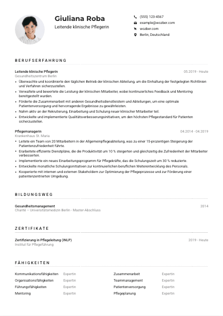 Lebenslauf-Muster für Leitende*r klinische*r Pfleger*in