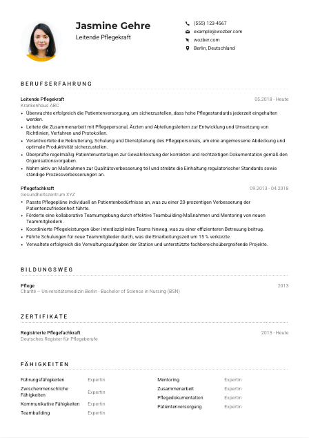 Lebenslauf-Muster für Leitende*r Pflegekraft