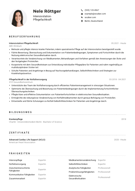 Lebenslauf-Muster für Intensivstation-Pflegefachkraft
