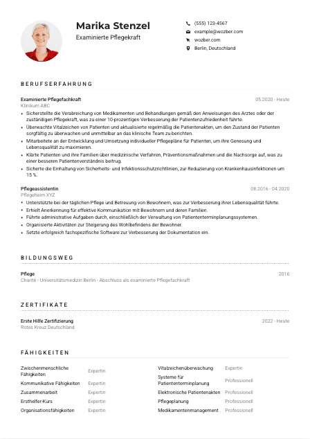 Lebenslauf-Muster für Examinierte*r Pflegekraft