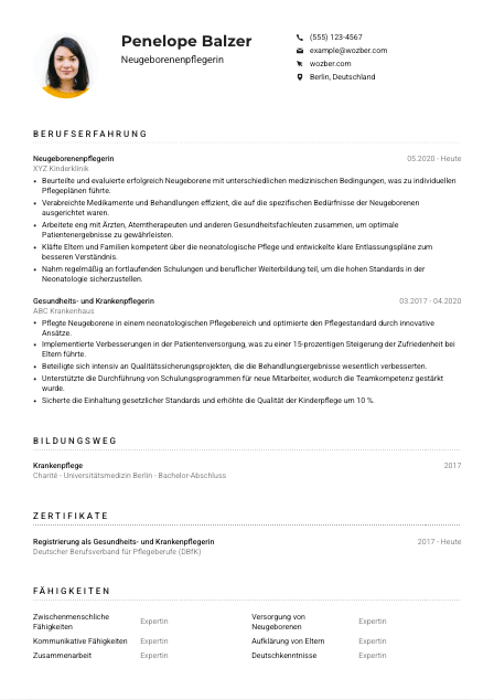 Lebenslauf-Muster für Neugeborenenpfleger*in