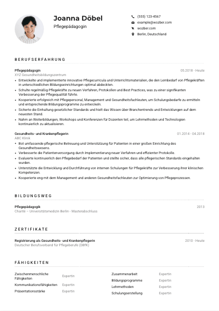 Lebenslauf-Muster für Pflegepädagog*in