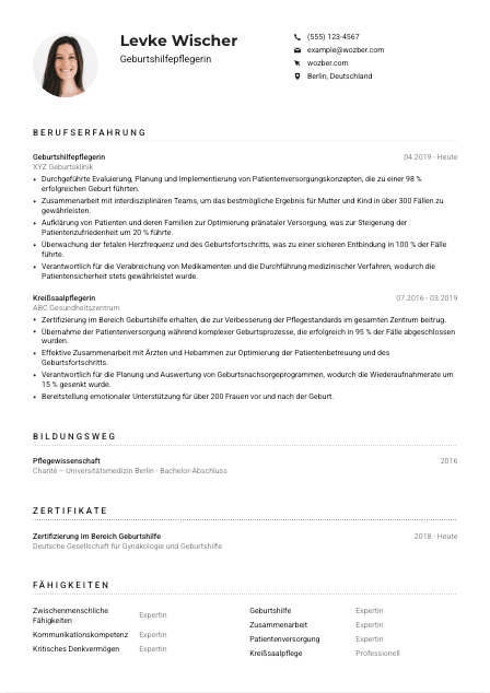 Lebenslauf-Muster für Geburtshilfepfleger*in