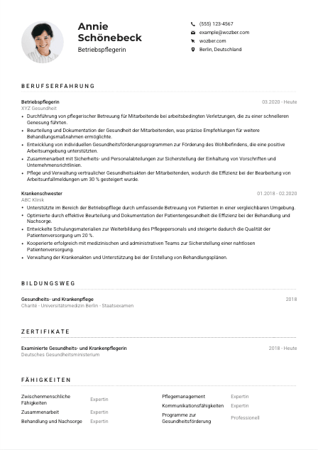 Lebenslauf-Muster für Betriebspfleger*in