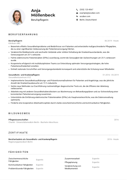 Lebenslauf-Muster für Berufspfleger*in