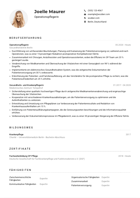 Lebenslauf-Muster für Operationspfleger*in