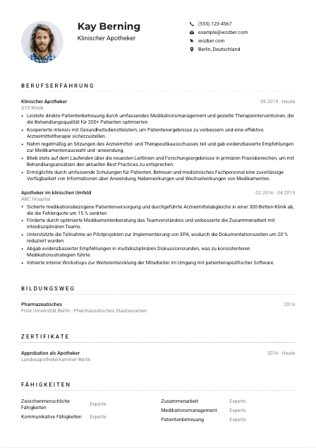 Lebenslauf-Muster für Klinische*r Apotheker*in