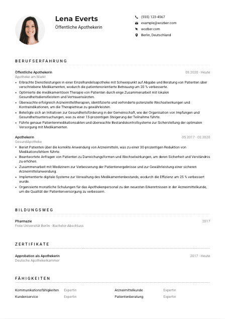 Lebenslauf-Muster für Öffentliche*r Apotheker*in