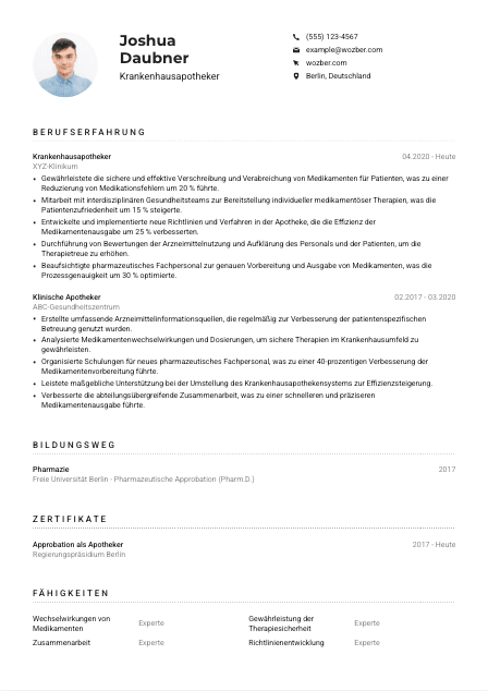 Lebenslauf-Muster für Krankenhausapotheker*in
