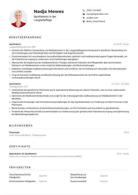 Lebenslauf-Muster für Apotheker*in in der Langzeitpflege