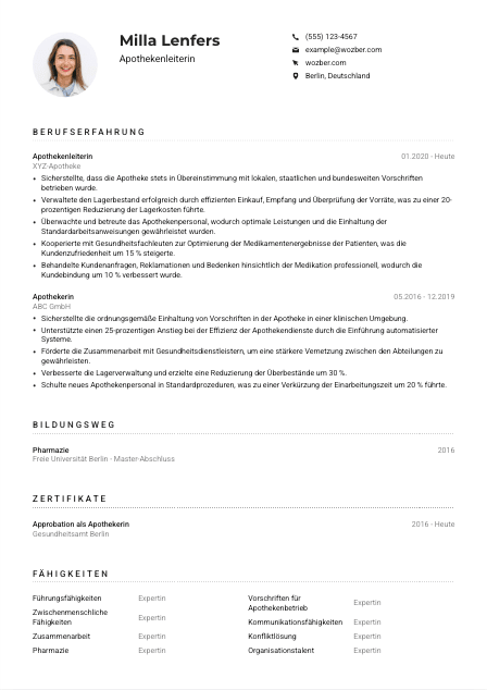 Lebenslauf-Muster für Apothekenleiter*in