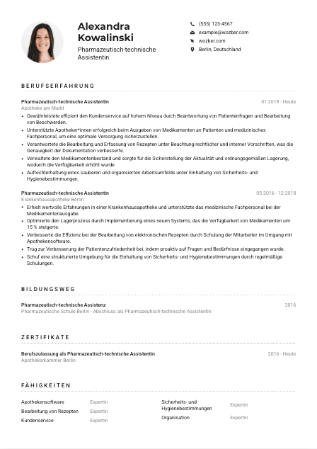 Lebenslauf-Muster für Pharmazeutisch-technische*r Assistent*in