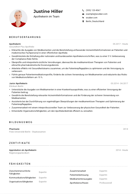 Lebenslauf-Muster für Apotheker*in im Team