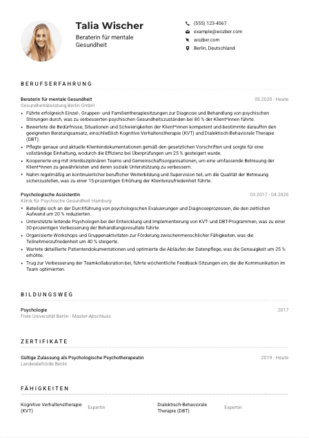 Lebenslauf-Muster für Berater*in für mentale Gesundheit