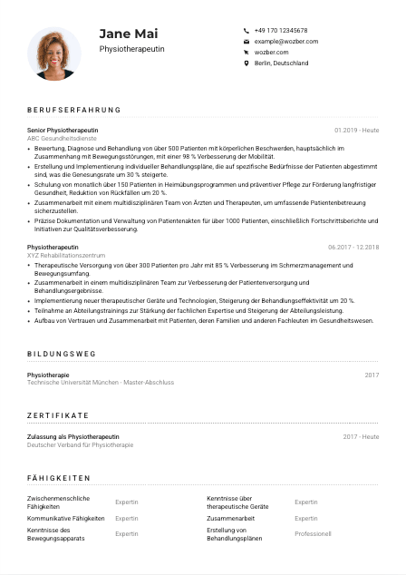 Lebenslauf-Muster für Physiotherapeut*in