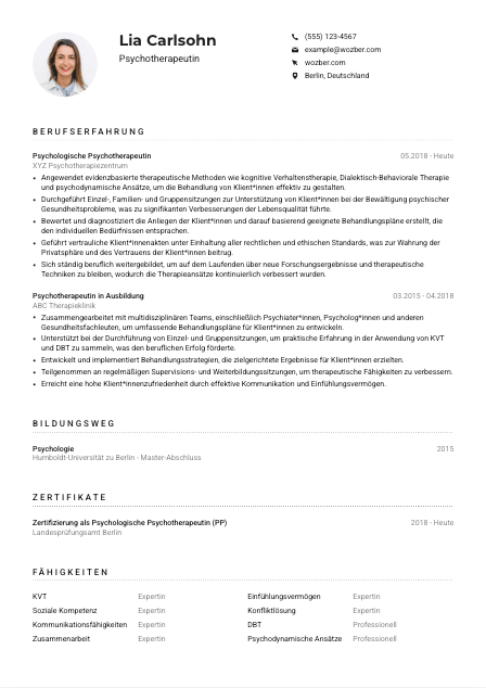 Lebenslauf-Muster für Psychotherapeut*in