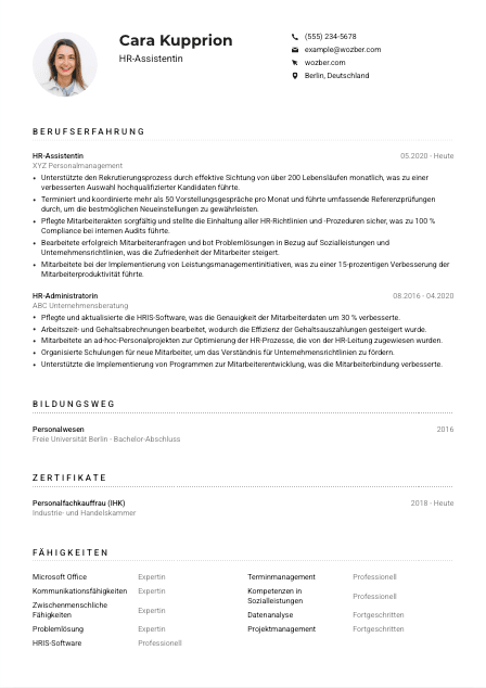 Lebenslauf-Muster für HR-Assistent*in