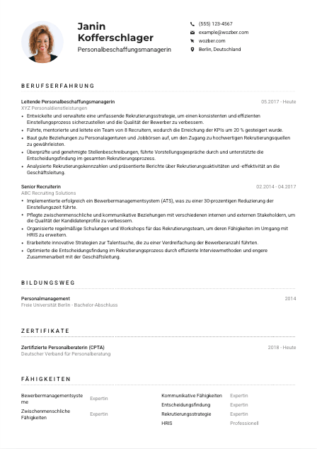 Lebenslauf-Muster für Personalbeschaffungsmanager*in