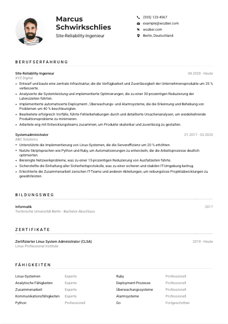 Lebenslauf-Muster für Site-Reliability-Ingenieur*in