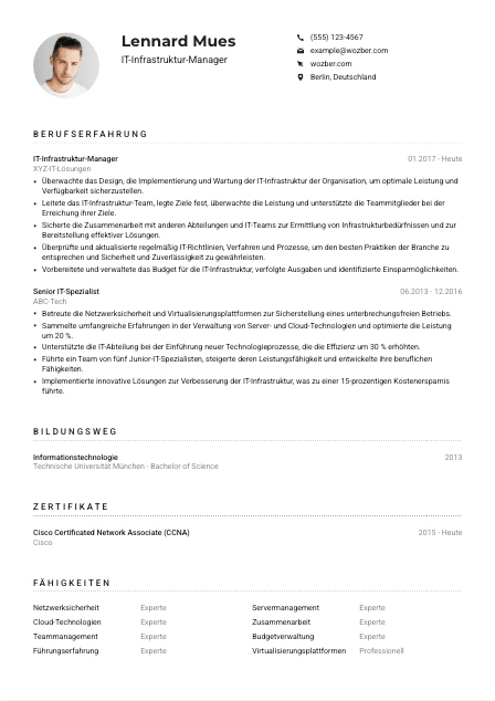 Lebenslauf-Muster für IT-Infrastruktur-Manager*in