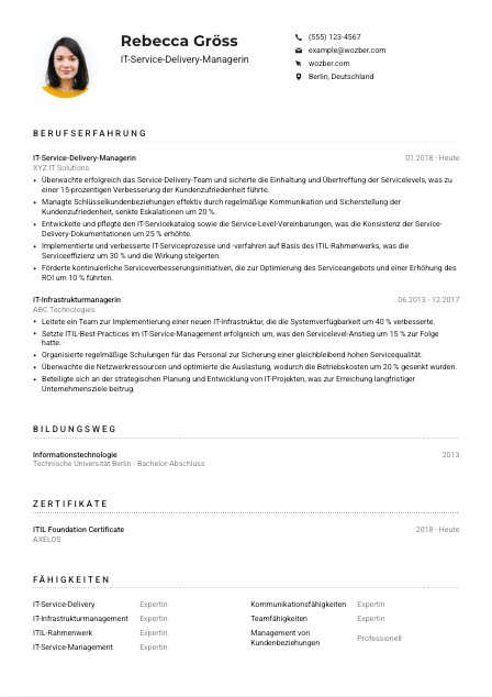 Lebenslauf-Muster für IT-Service-Delivery-Manager*in