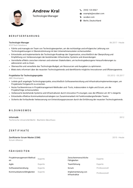 Lebenslauf-Muster für Technologie-Manager*in