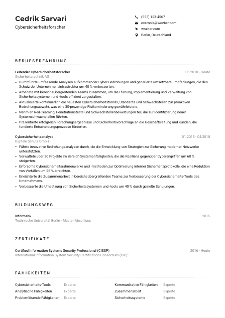 Lebenslauf-Muster für Cybersicherheitsforscher*in