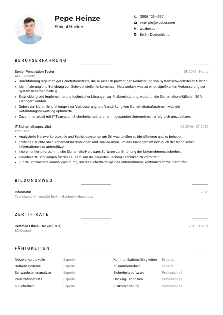 Lebenslauf-Muster für Ethical Hacker*in