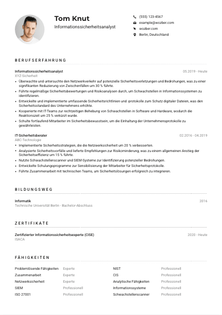 Lebenslauf-Muster für Informationssicherheitsanalyst*in
