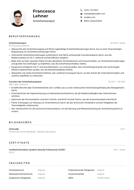 Lebenslauf-Muster für Sicherheitsanalyst*in