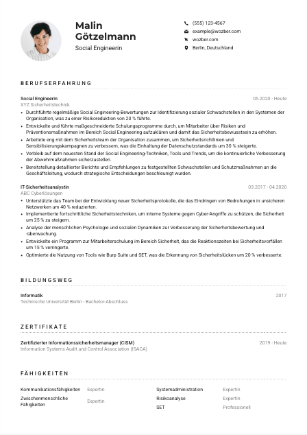 Lebenslauf-Muster für Social Engineer*in