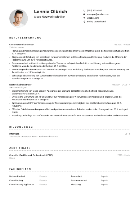 Lebenslauf-Muster für Cisco-Netzwerktechniker*in