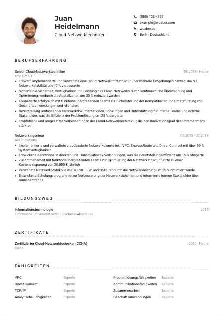 Lebenslauf-Muster für Cloud-Netzwerktechniker*in