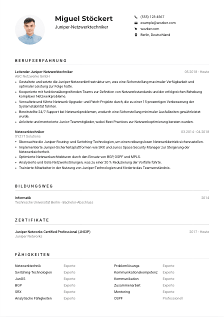 Lebenslauf-Muster für Juniper-Netzwerktechniker*in
