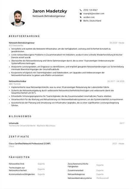 Lebenslauf-Muster für Netzwerk Betriebsingenieur*in