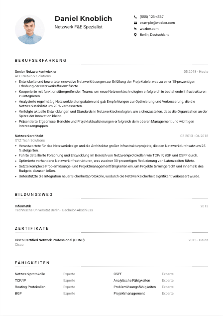 Lebenslauf-Muster für Netzwerk F&E Spezialist*in