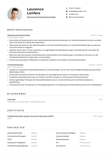 Lebenslauf-Muster für Netzwerksicherheitstechniker*in